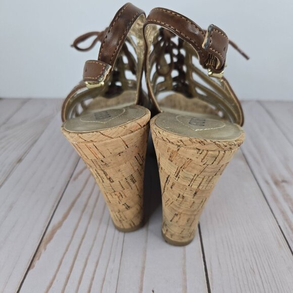 Guess brown leather gladiator lace up slingback cork platform wedges size 9M - Picture 4 of 11